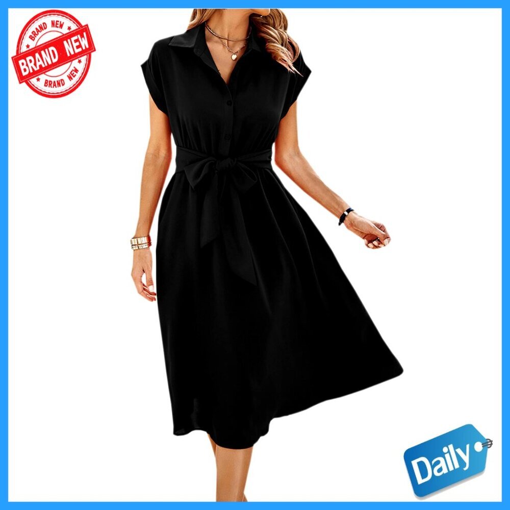 Casual Midi Dress V-Neck Short Sleeve Button Shirt Belted Pockets Lightweight